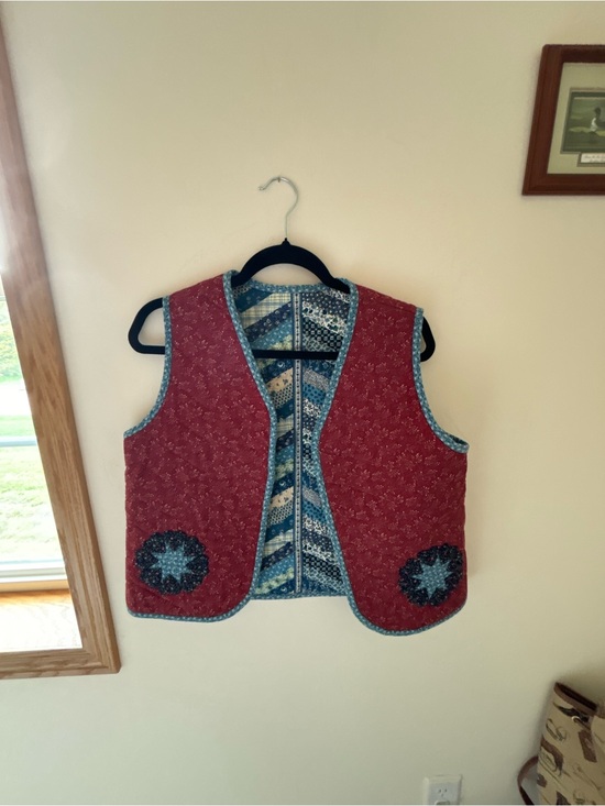 Jackets & Blazers - Handmade Reversible Quilted Red Patterned Vest with Blue Trim